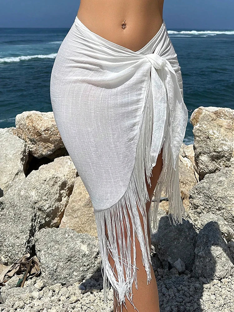 Women's Irregular Sarong Skirt Beachwear Cover Ups Tassels Design High Waist Smock Sunscreen Cover Ups Skirt Beach Wrap Bikini - Matrix Studios