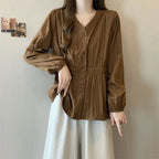 200 Pounds Plus Size Elastic Waist Office Lady Trend Shirt And Blouse Solid Color Top Women Clothing V-neck French Chic Basics - Matrix-studios.com