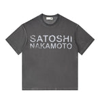 Summer American Street SATOSHI Tshirts Retro Washed Distressed Washed Faded Classic Letter Print Short Sleeve Men Women Tops - Matrix-studios.com