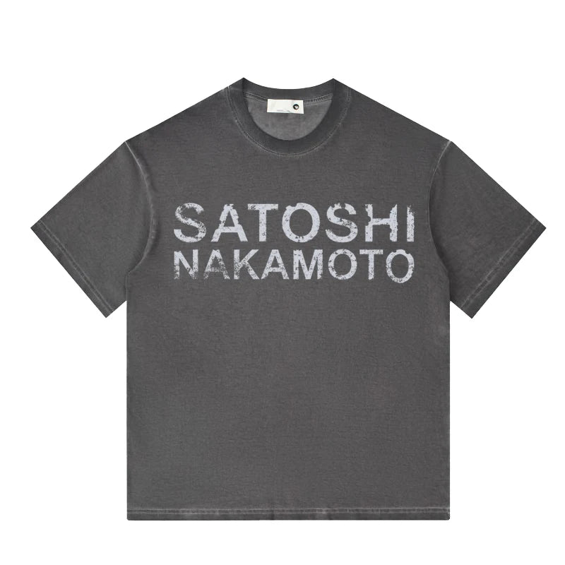 Summer American Street SATOSHI Tshirts Retro Washed Distressed Washed Faded Classic Letter Print Short Sleeve Men Women Tops - Matrix-studios.com