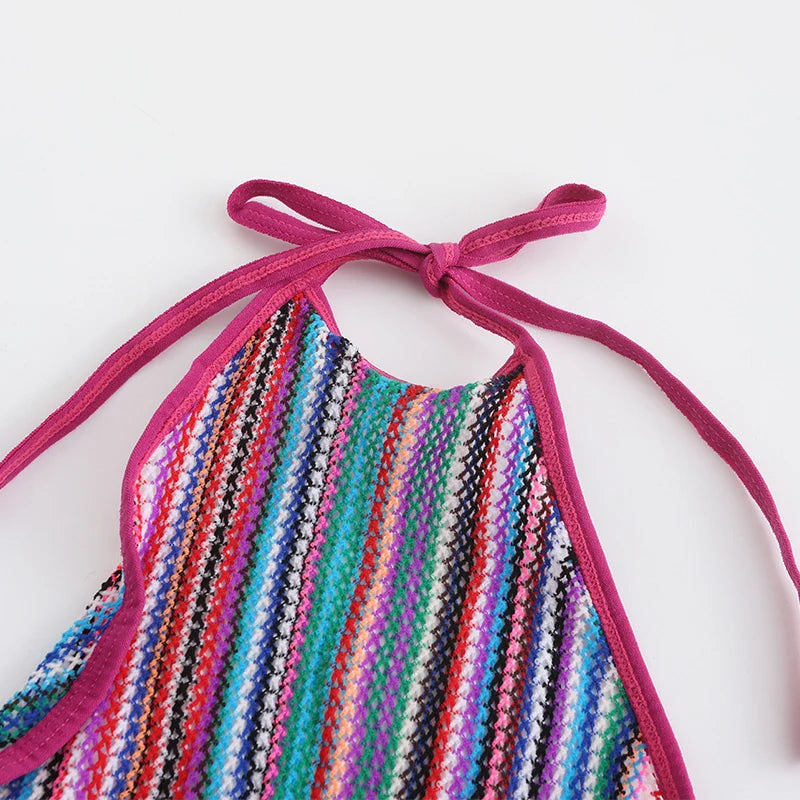 Women Rainbow Striped Cover Up Fishnet Bodycon Dress Halter Elastic Hollow Out Swimsuit Festival Beach Vacation - Matrix Studios