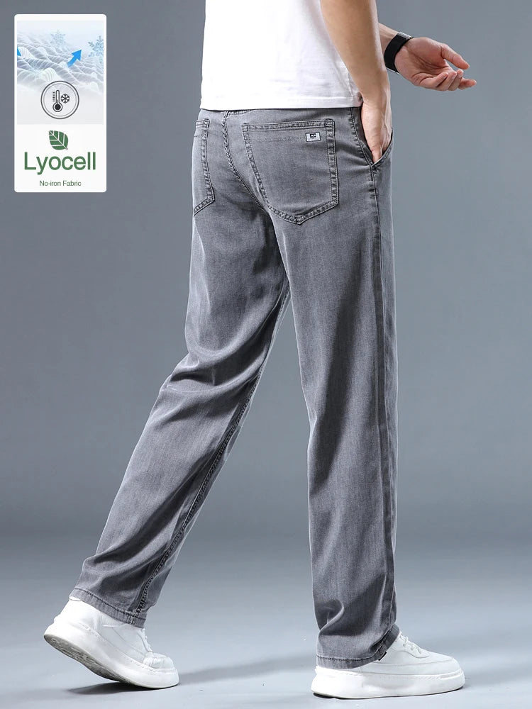 Summer Thin Men's Loose Straight Jeans Lyocell Soft Drape Business Casual Trousers Classic Smoke Gray Brand Ice Silk Pants - Matrix Studios