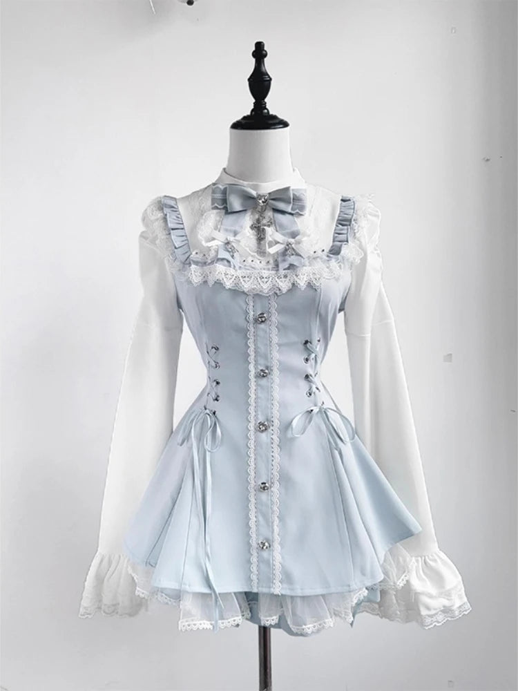 Japanese Y2 Aesthetics Vintage Bow Dress Shorts Set Women Gothic Lolita Style Long Sleeve Shirt Dress Elegant Party Dress Suits - Matrix-studios.com