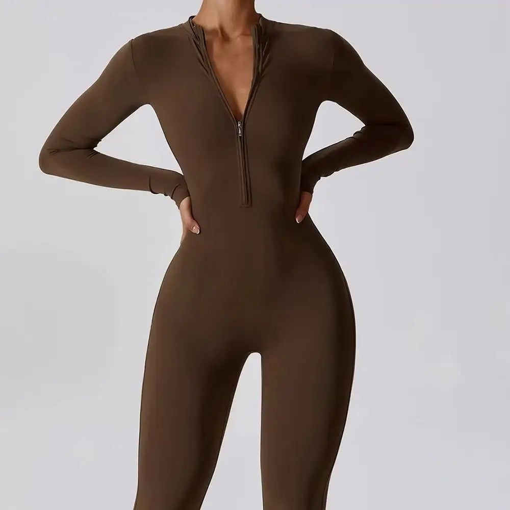 Yoga Boilersuit Long Sleeved Women's Sportswear Gym Zipper Jumpsuits Workout High-intensity Fitness One-piece Skin-tight Garment - Matrix-studios.com