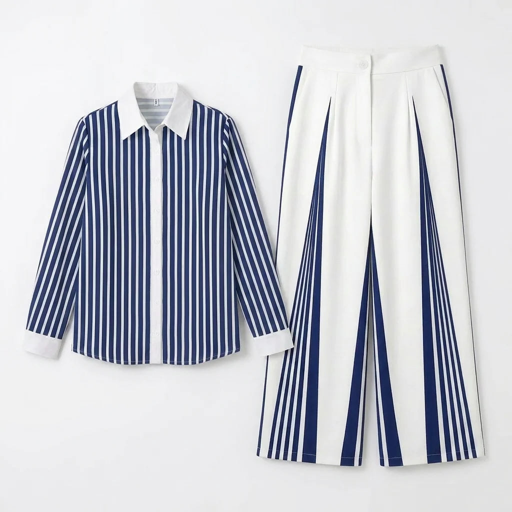 Yeezzi Women Formal Fashion Matching Set Contrast Color Striped Long Sleeve Lapel Blouse Wide Leg Full Length Pants 2 Piece Sets - Matrix-studios.com