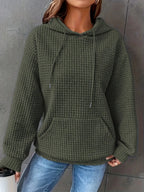 Women Short Length Waffle Knit Hoodie Solid Black Drawstring Pullover Sweatshirt Front Kangaroo Pocket Long Sleeve Casual Tops - Matrix Studios
