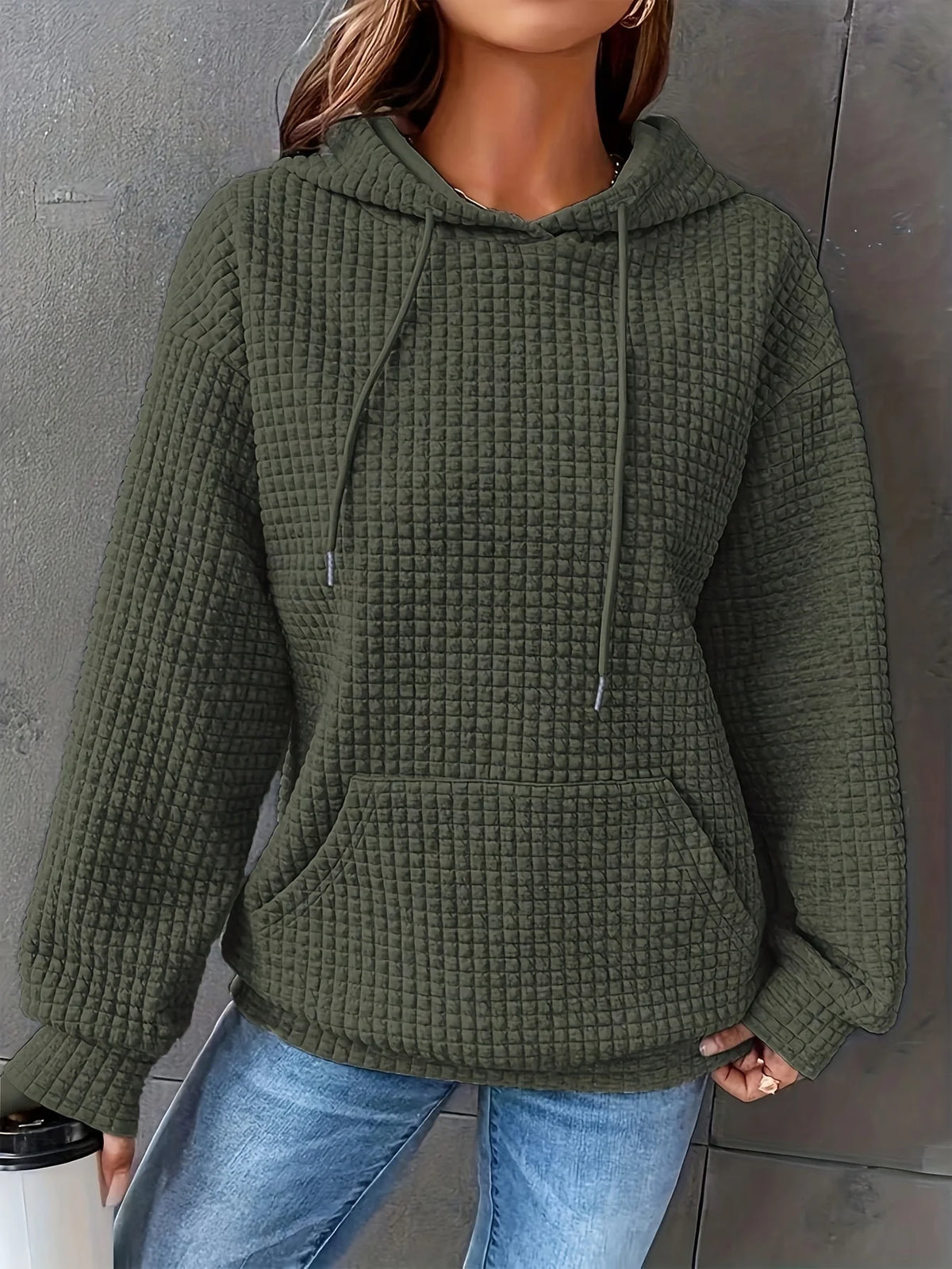 Women Short Length Waffle Knit Hoodie Solid Black Drawstring Pullover Sweatshirt Front Kangaroo Pocket Long Sleeve Casual Tops - Matrix Studios