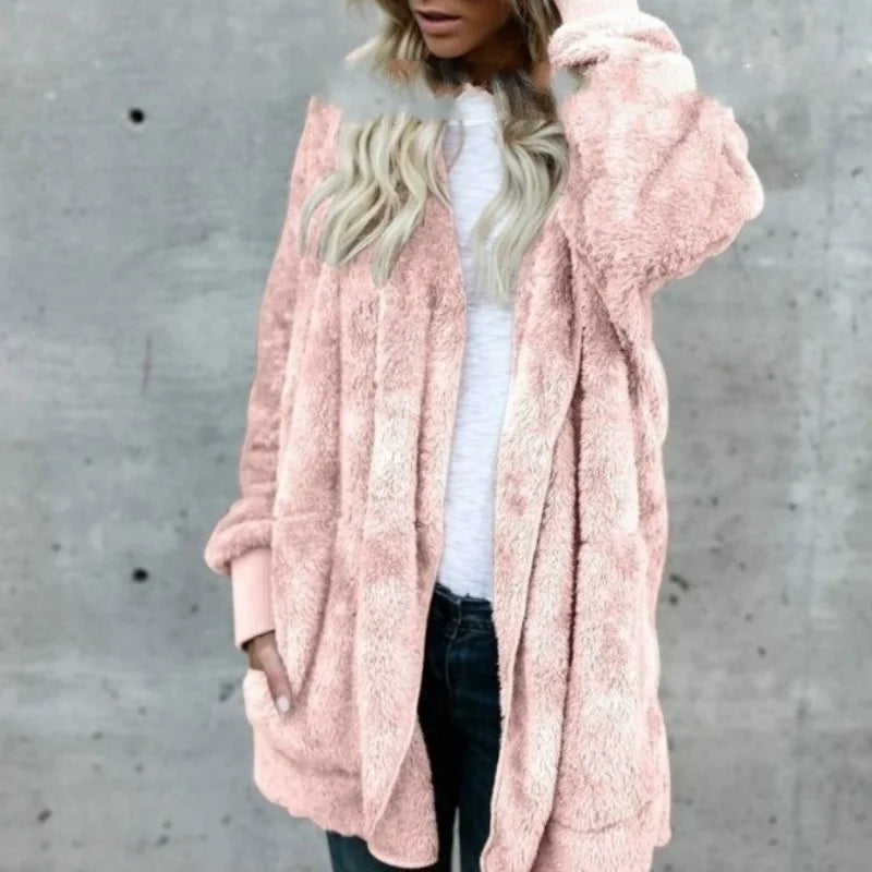 Women Autumn Winter Double-faced Fur Fleece Faux Fur Medium Style Hooded Warm Thick Coat Casual Solid Long-sleeved Fur Overcoat - Matrix Studios