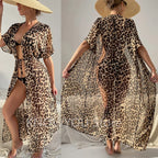 Swim Summer Holiday Cover Up Beach Sexy Leopard Chiffon Detachable Belt Kimono Long Beach Smock Dress Swimwear Beach Wear - Matrix Studios