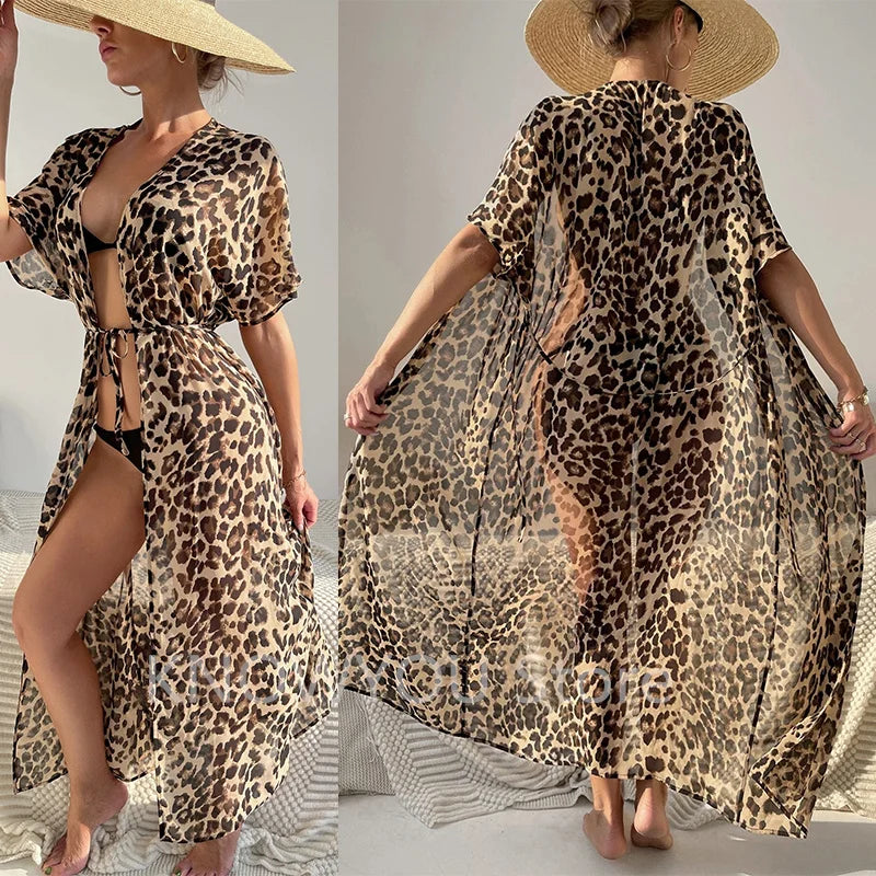 Swim Summer Holiday Cover Up Beach Sexy Leopard Chiffon Detachable Belt Kimono Long Beach Smock Dress Swimwear Beach Wear - Matrix Studios