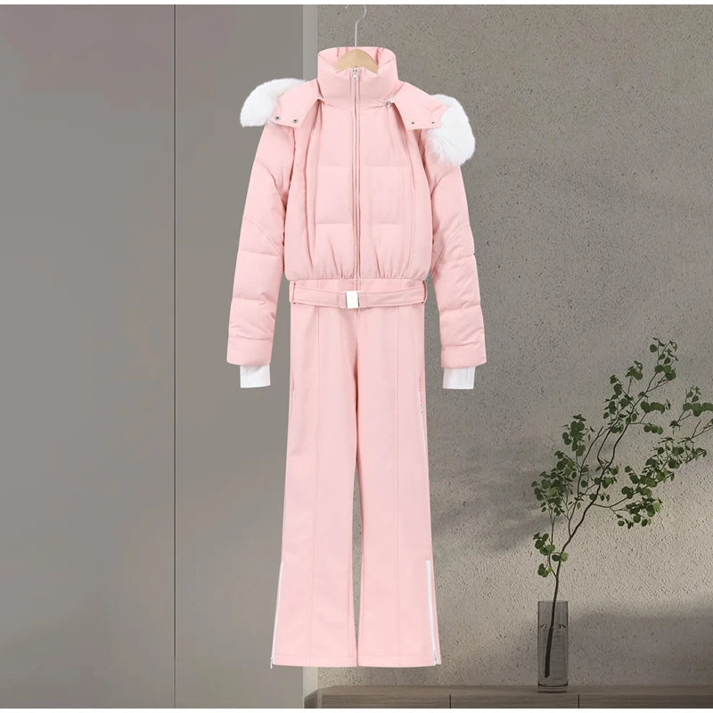 Fashion Hooded One-Piece Ski Jumpsuit Women Stand Collar Zipper High Waist Solid Windproof Outwear 2026 Winter Lady Skiwear New - Matrix Studios