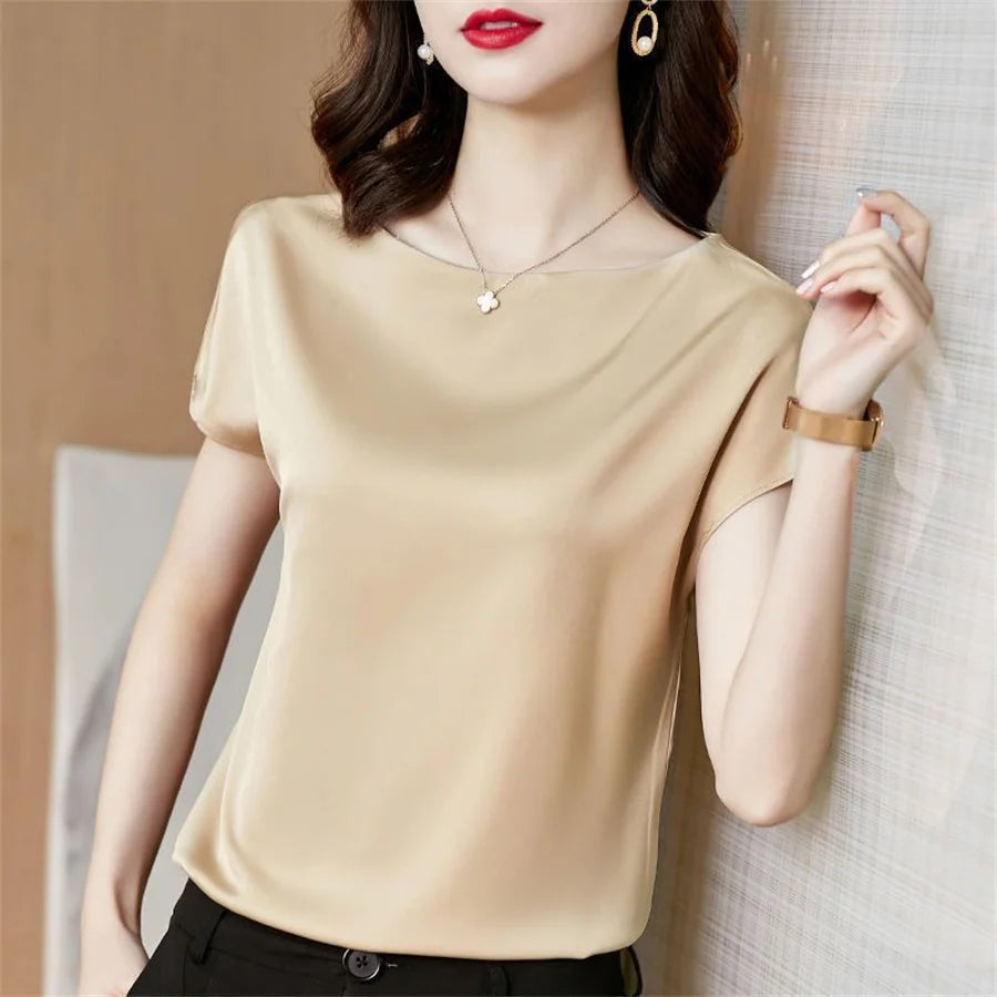Office Lady Tops Summer Short Sleeve O-Neck Blouses Satin Blouse Women Shirts Simple Solid Casual Loose Shirt Blusas DF4904 - Matrix-studios.com