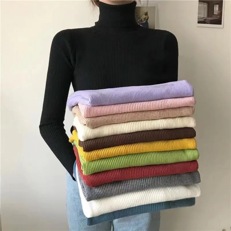 2026 Simple Women Turtleneck Sweater Winter Fashion Pullover Elastic Knit Ladies Jumper Casual Solid Black Female Basic Tops - Matrix Studios