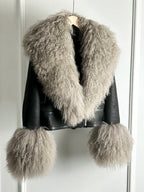 Janveny Luxury Natural Mongolian Sheep Fur Coat Women Winter Short Faux Leather Jacket Female Moto Biker Thick Outwear - Matrix Studios