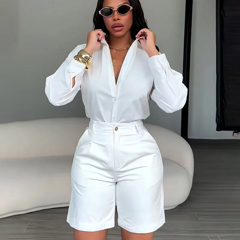 Doyerl Solid Elegant Fashion Two Piece Set Women Clothing Casual Long Sleeve Shirt Top and Shorts Matching Sets Ensembles Femme - Matrix-studios.com