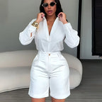 Doyerl Solid Elegant Fashion Two Piece Set Women Clothing Casual Long Sleeve Shirt Top and Shorts Matching Sets Ensembles Femme - Matrix-studios.com