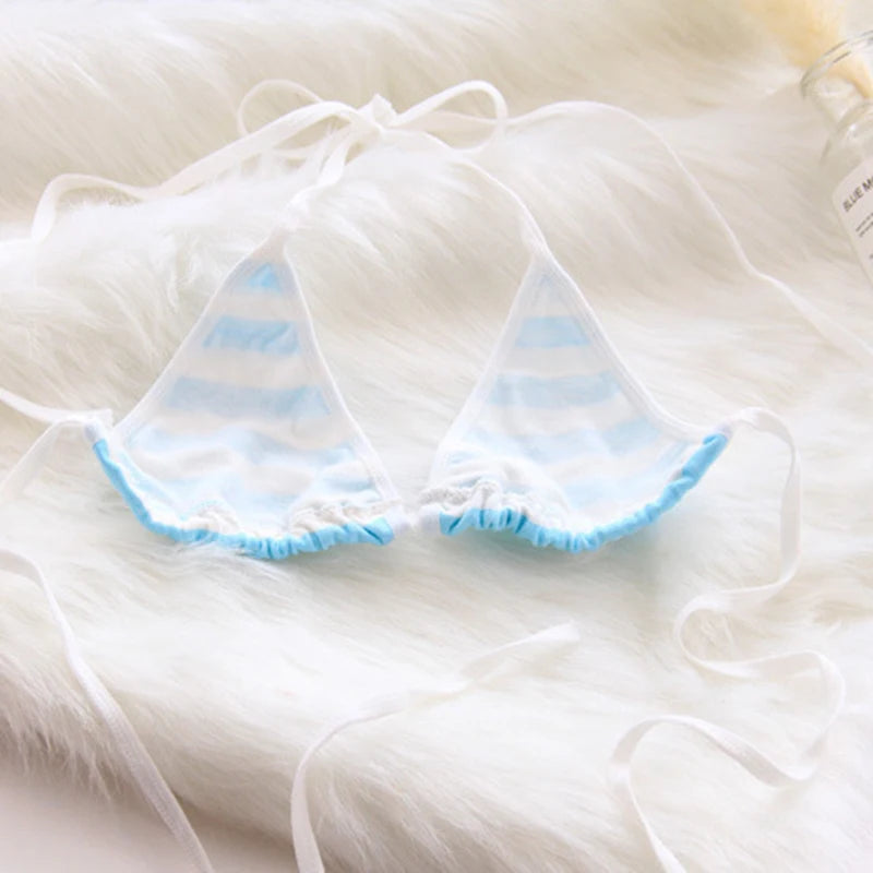 2PCS Women Bra Panties Set Sexy Lingeries Cotton Seamless Kawaii Bikini Lace-up Strap Blue White Striped Suit Female Underwear - Matrix-studios.com