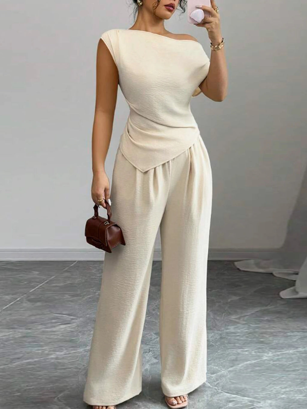 Elegant Pure Color Ladies Asymmetric Top And Wide Leg Pants 2-Piece Set for Commuting Casual Vacations Fashionable New Arrival - Matrix-studios.com