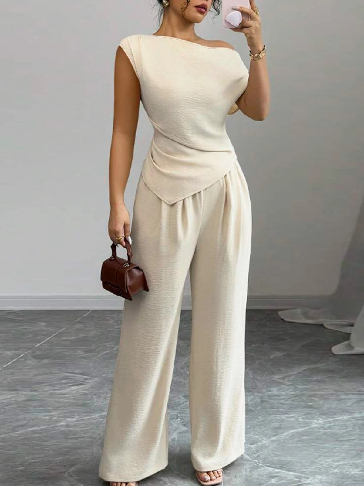 Elegant Pure Color Ladies Asymmetric Top And Wide Leg Pants 2-Piece Set for Commuting Casual Vacations Fashionable New Arrival - Matrix-studios.com