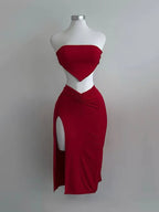 Strapless Backless Crop Top High Waist Skirt 2 Piece Set Women Summer Sexy Slim Fit Split Midi Dress Tube Suits Party Club Sets - Matrix-studios.com