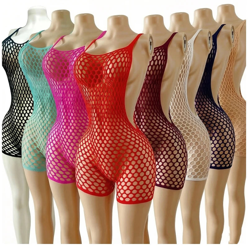 Sexy Fishnet Romper Jumpsuit Deep V Neck hollow Out Elastic Beach Cover Up Women Summer Rave Festival Outfit resort Wear - Matrix Studios