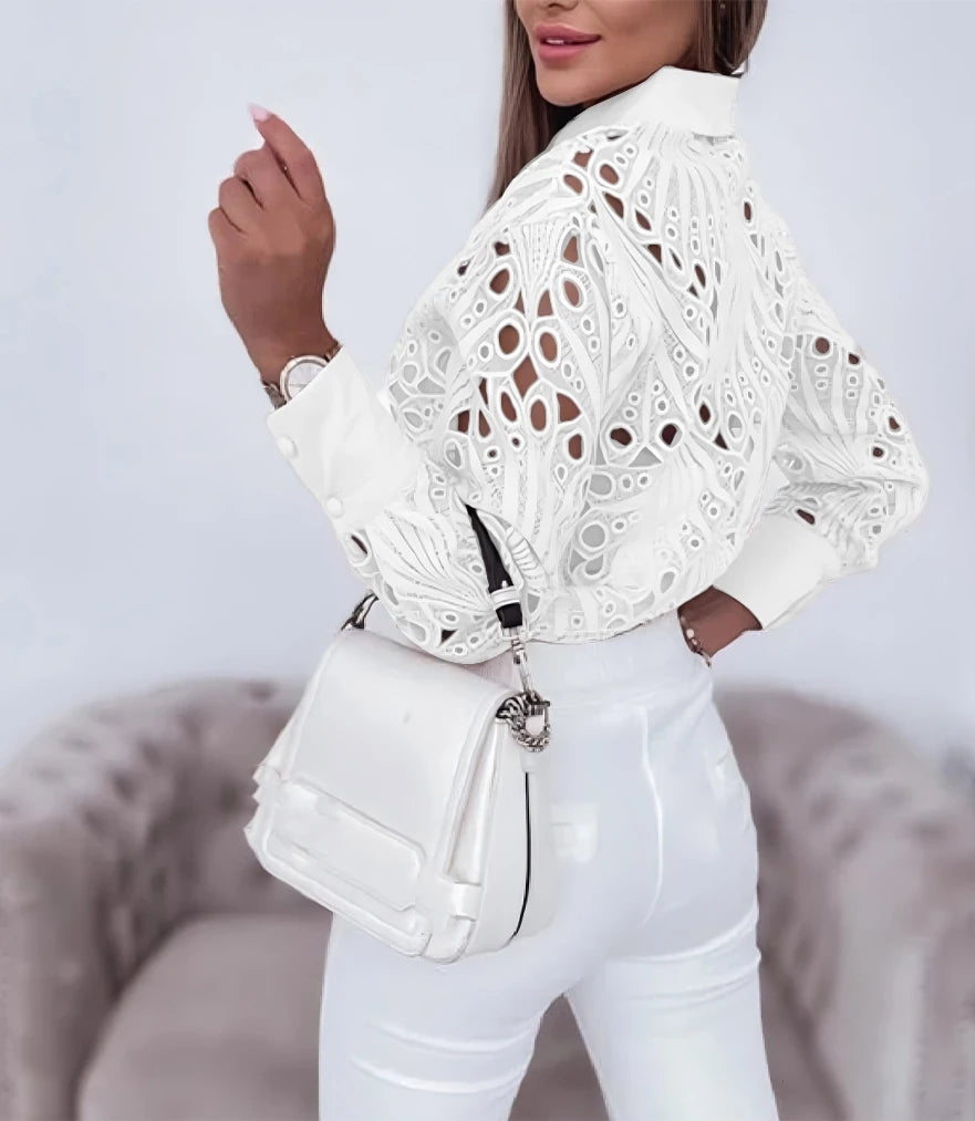 Women's Blouses Hollowed Out Long Sleeved Shirt Casual Solid Button Up With Lapel And Open Front Camisas Femininas - Matrix-studios.com