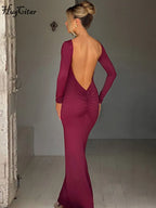 Hugcitar Spring Elegant Long Sleeve Backless Solid Cuched Sexy Bodycon Maxi Prom Dress Women Outfit Evening Party Festival Y2K - Matrix-studios.com