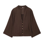 Autumn new women's loose and simple V-neck long sleeved shirt with elastic waist and wide leg pants set - Matrix-studios.com