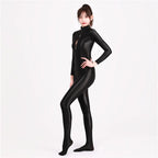 Women Oily Glossy Long Sleeve Elastic Bodysuit Bodycon Rompers One-piece Swimsuit Silky Tights Satin Pantyhose Jumpsuits Thong - Matrix Studios