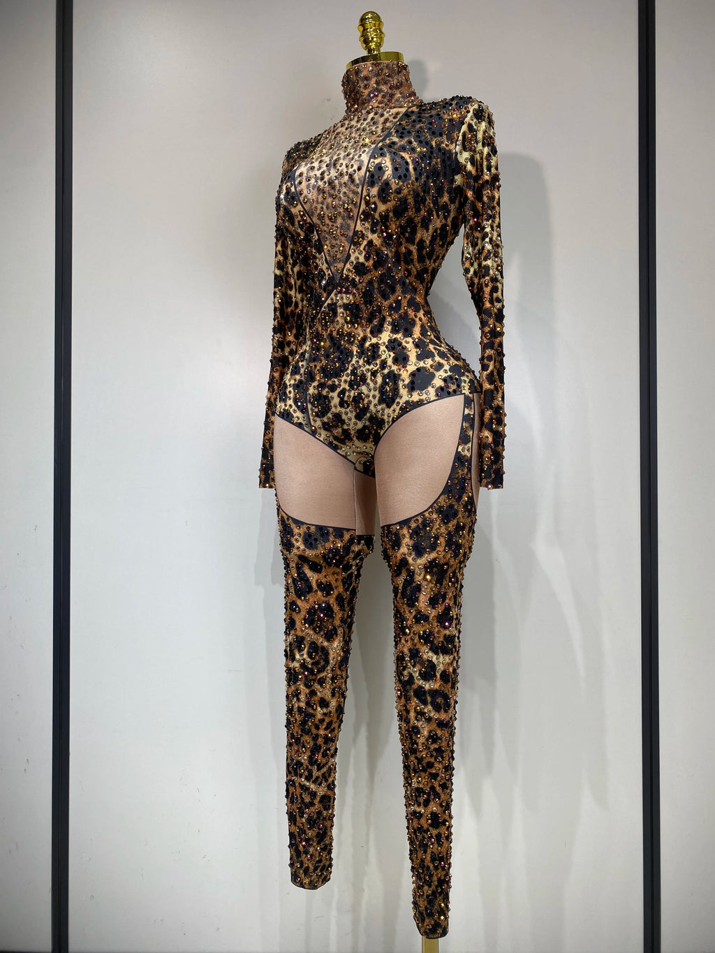 Women 2025 Stretch Leopard Print Sexy Bodycon Jumpsuit Bar Nightclub Singer Dancer Luxury Diamond Stage Performance Outfit - Matrix Studios