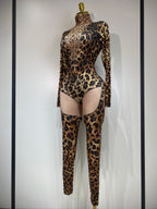 Women 2025 Stretch Leopard Print Sexy Bodycon Jumpsuit Bar Nightclub Singer Dancer Luxury Diamond Stage Performance Outfit - Matrix Studios