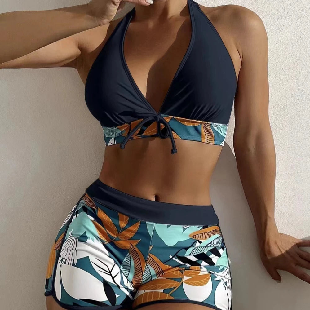 15 Colors Swimwear Women Two-Piece Suit Patchwork Halter Bikini Top With High Waisted Boxer Bottom College Sporty Surfing Suit - Matrix-studios.com