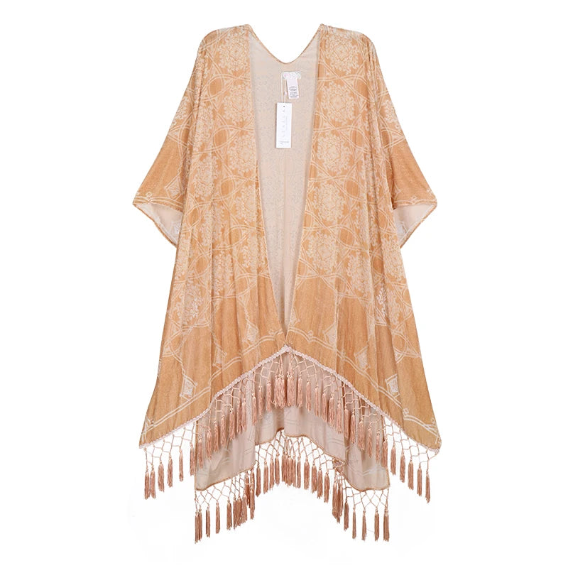 MJSERECA New Bohemian Burnt Plush Kimono for Woman Long Cardigan With tassel Beach Cover-up Casual Cardigan Shawl Chiffon Shirt - Matrix Studios