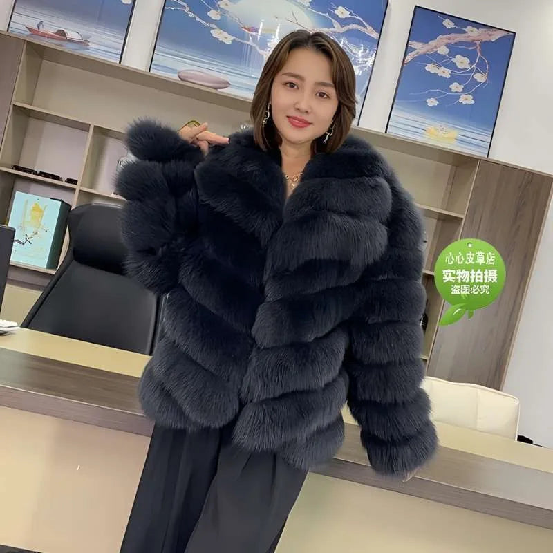 QUEENTINA Winter New Women's Real Fox Fur Coat With Collar Overcoat Leather Female Natural Plus Size - Matrix Studios