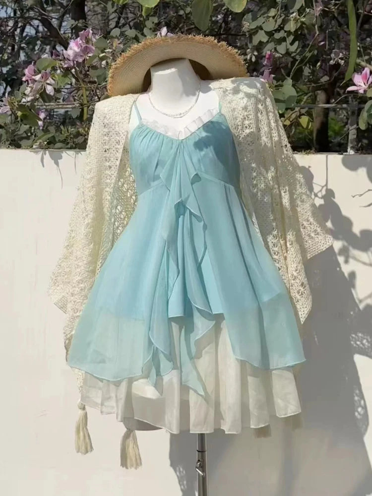 Casual Beach Style 2 Piece Skirt Sets Women Y2k Crop Top Vest + Mini Skirts Sweet Elegant Kawaii Vintage Suits Korean Fashion - Matrix-studios.com