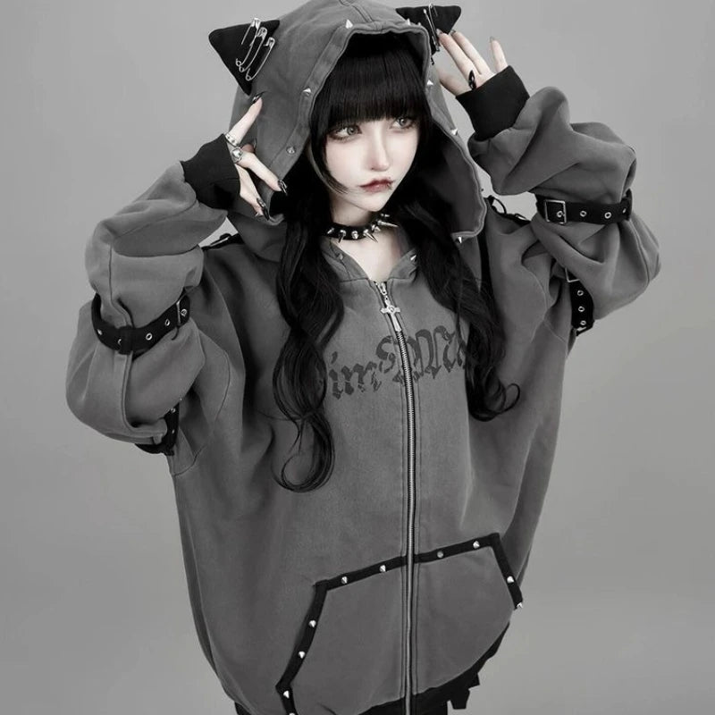 Streetwear Harajuku Hoodies Jackets Women's Clothing Hooded Punk Zipper Coat Japanese Rivet Print Fashion Casual Y2k Sweatshirts - Matrix Studios