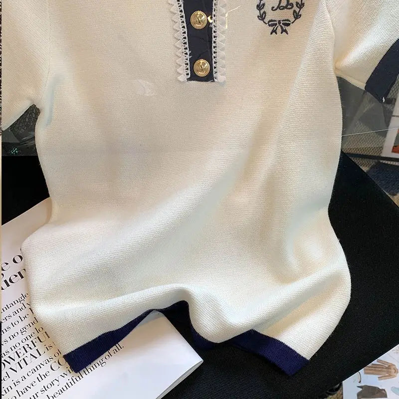 Korean Fashion T-shirt Women's Clothes 2024 Summer Polo Collar Luxury Designer Loose Short Sleeve Cotton T-shirt Women's Top - Matrix-studios.com