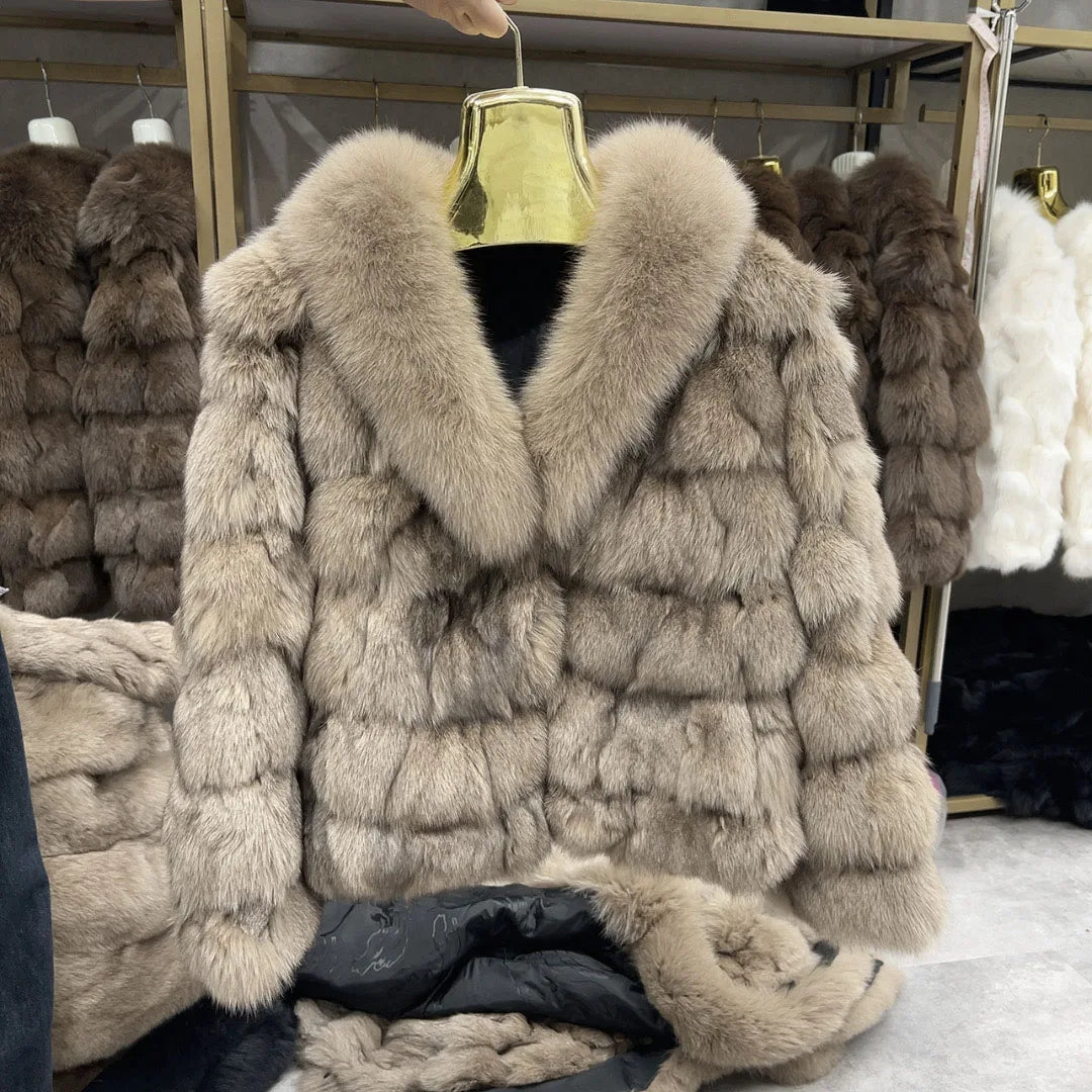 HUA QIU MEI SI Women's Natural Fox Fur Jacket with Fox Collar for Winter Warmth, Short Style Real Fox Fur Leather Jacket - Matrix Studios
