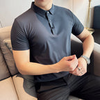 Ice Silk High Elastic Seamless T-shirt ,Summer Thin Polo Shirt, Solid Color Polo Collar Short Sleeve Brown Top, Business Leisure - Matrix-studios.com