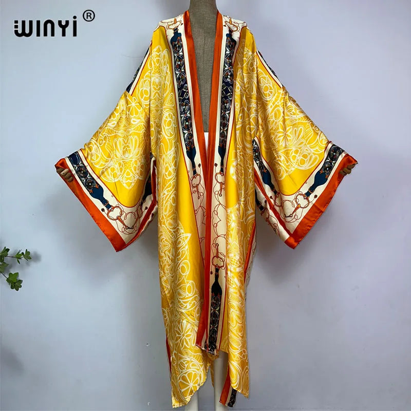 WINYI Kimono Africa Summer Boho Print Bikini Cover-up Elegant Fashion Cardigan Sexy Holiday Long Sleeve Silk Feeling Maxi Dress - Matrix Studios