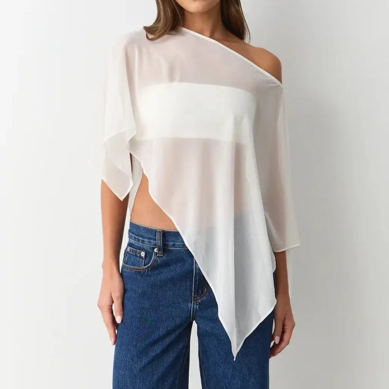 Womens Sheer Mesh Poncho Y2k Loose Solid Boat Neck Irregular Shrug Trendy Casual See Through Off Shoulder Beach Coverup Top New - Matrix Studios