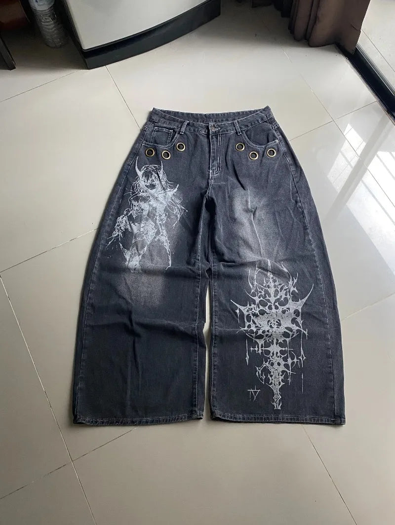 American New Fashion Oversized Pattern Printed Washed Jeans Men Y2K Gothic Rock Popular Casual Joker High Waist Wide Leg Pants - Matrix Studios