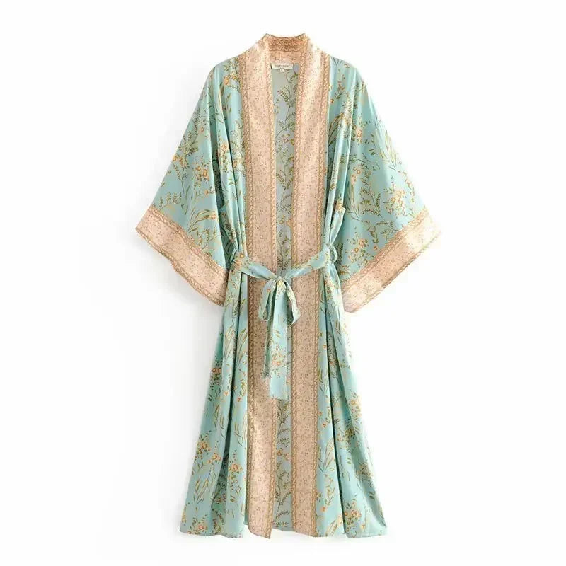 Boho Queens Fashion Women Green Floral Print Bat Sleeve Rayon Beach Bohemian Kimono Ladies V Neck Boho Robe Bikini Cover-ups - Matrix Studios