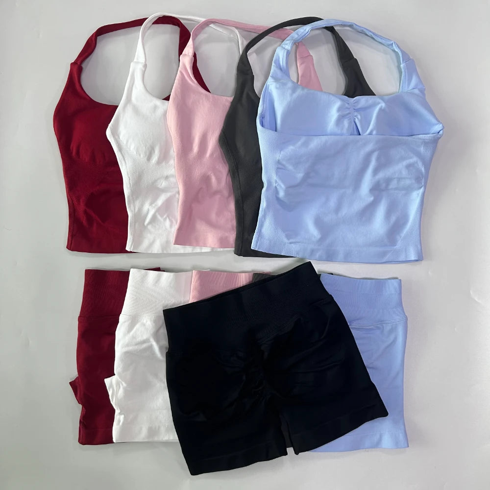 No Logo 2 Pieces Gym Set Women Backless Halter Tops High Waist Seamless Shorts Gym Suit Fitness Clothes Sportswear Workout Sets - Matrix-studios.com