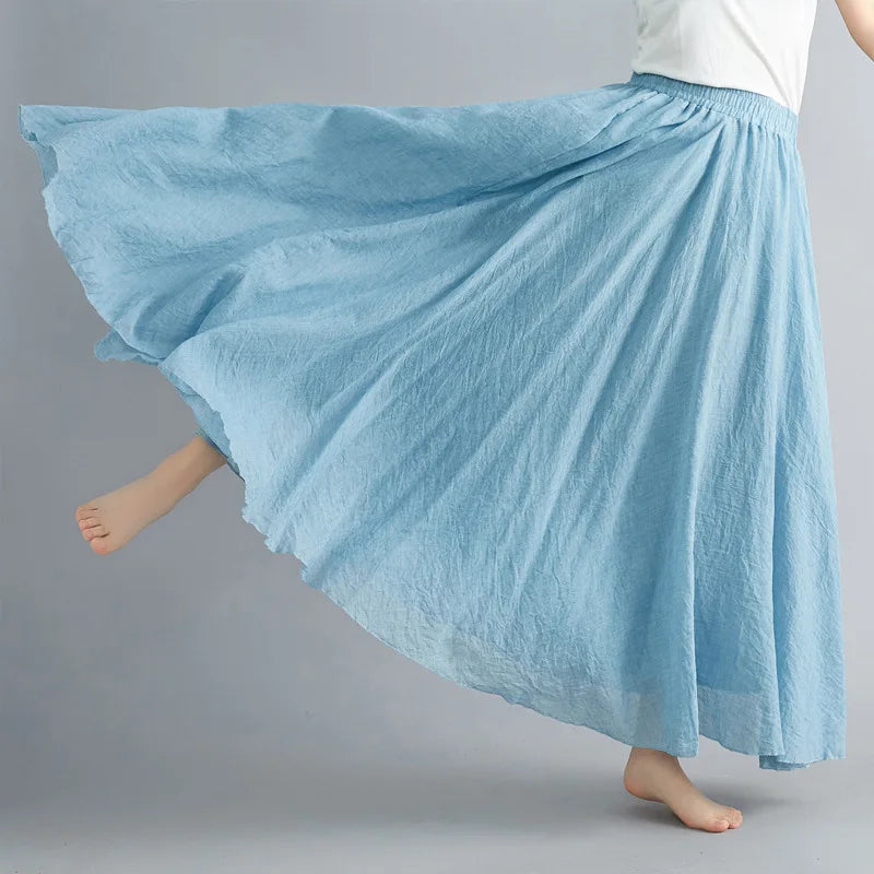 28-Color Mori Girl Literary Cotton Linen Dress Elastic Waist A-line Expansion Skirt Solid Color Ethnic Style Women Long Skirts - Matrix-studios.com