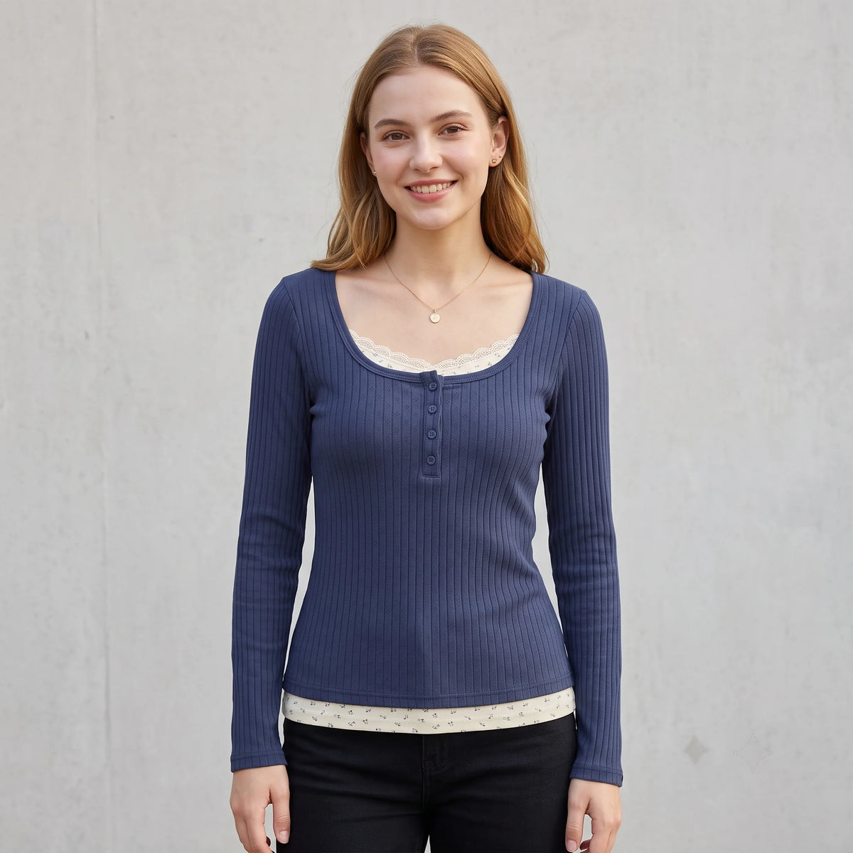 Women Vintage Faux Two-Piece Lace Patchwork T-Shirt Ribbed Knit Long Sleeve Top Square Neck Button Slim Y2K Casual Fall Tee - Matrix-studios.com