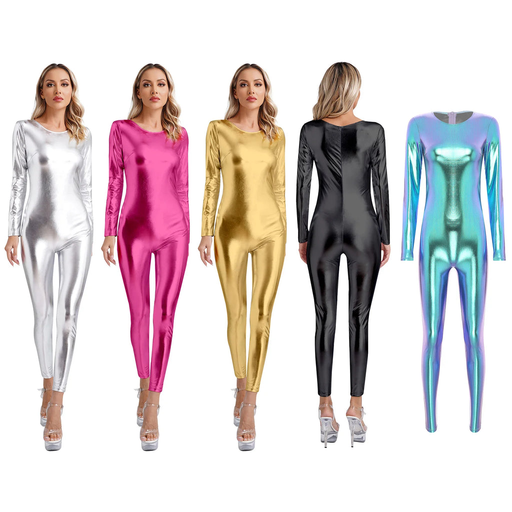 Womens Metallic Shiny Bodysuit Clubwear Long Sleeve Slim Fit Full Body Jumpsuit Nightclub Rave Party Musci Festival Costumes - Matrix Studios