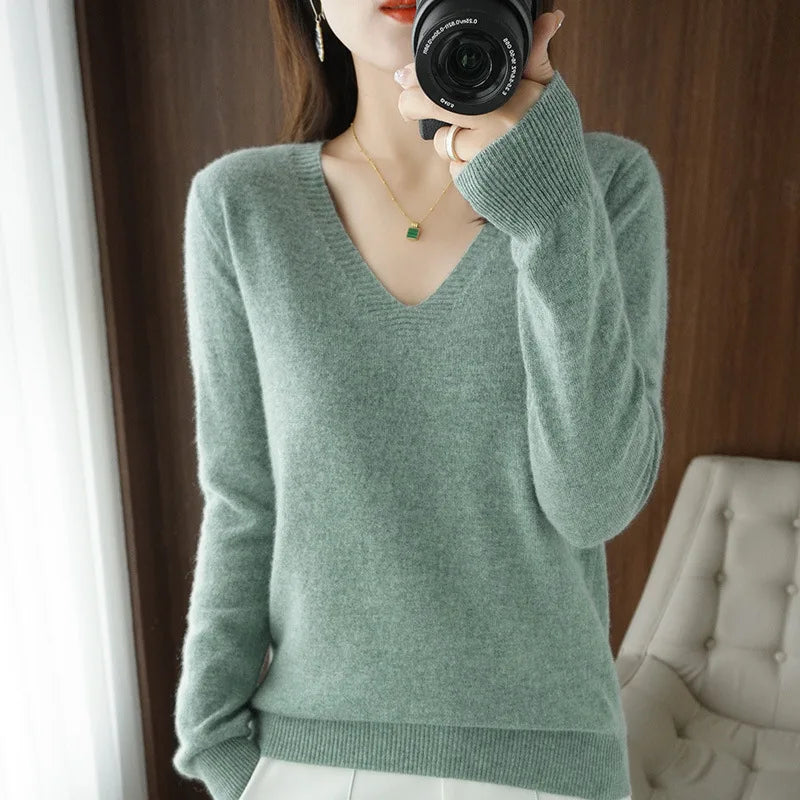 New Cashmere Women's V-neck Pullover Lace Neck Hollow Out Design Casual Knitted Long Sleeve Women's Sweater Autumn And Winter - Matrix-studios.com