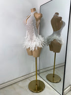 High Quality Women Sexy Halter Beading Feather Tight Bodysuit Nightclub Performance Leotard Luxury Party Celebrate Stage Wear - Matrix Studios