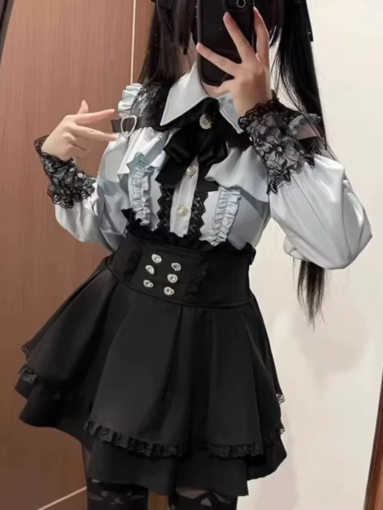 Japanese Y2 Aesthetics Vintage Bow Dress Shorts Set Women Gothic Lolita Style Long Sleeve Shirt Dress Elegant Party Dress Suits - Matrix-studios.com